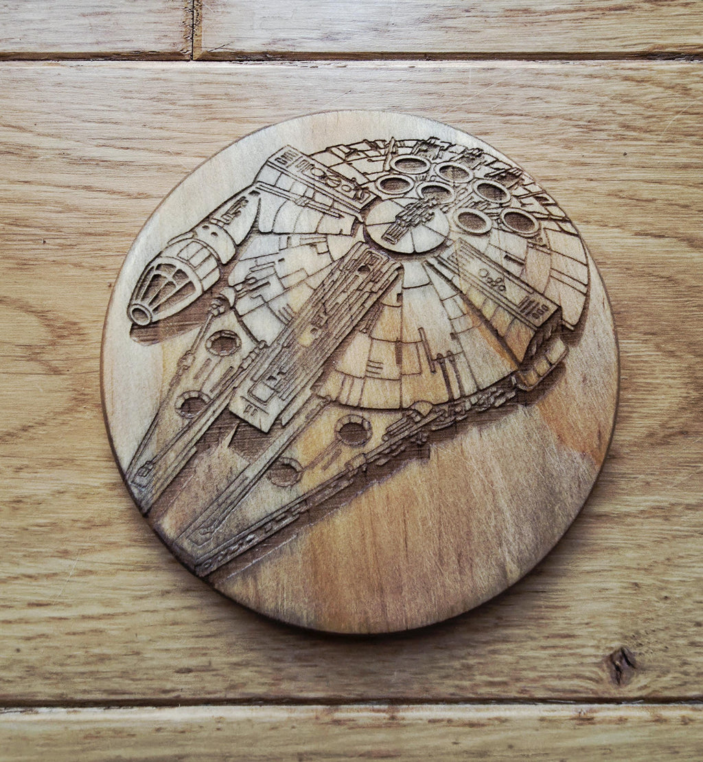 Star wars fan art wooden drinks coaster Millennium Falcon