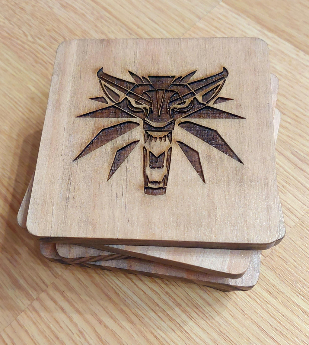 Witcher fan art wooden drinks coaster Witcher Medallion