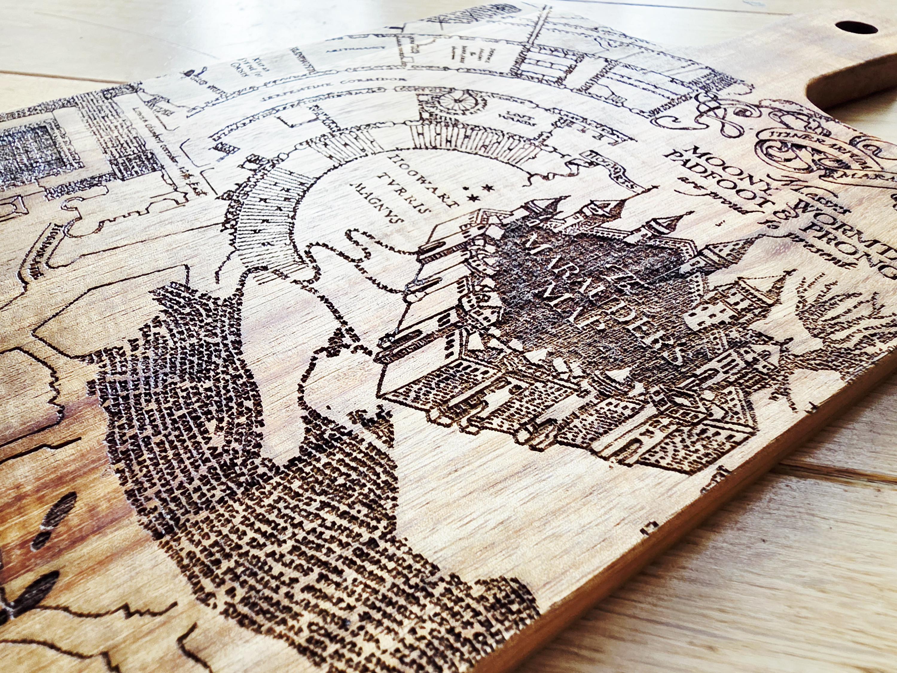 Marauders map fan art serving board- cheese charcuterie chopping board in acacia wood