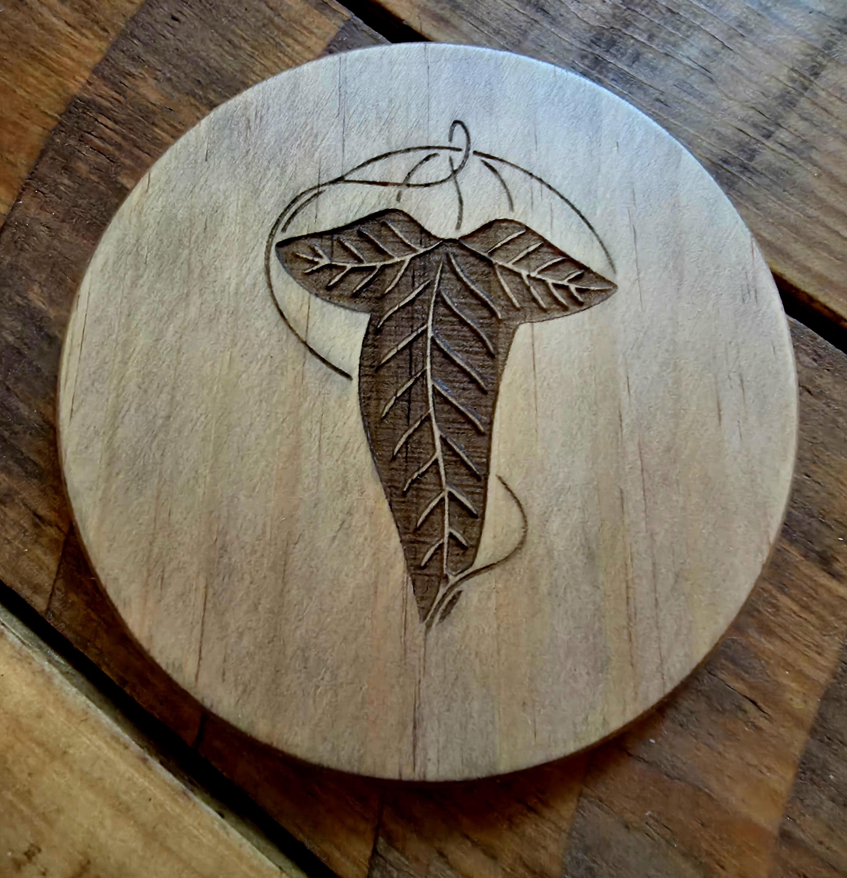 Lord of the rings LOTR fan art wooden slate drinks coaster Leaf of Lorien