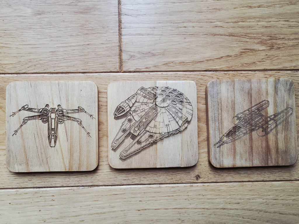 Star wars fan art wooden drinks coaster Millennium Falcon