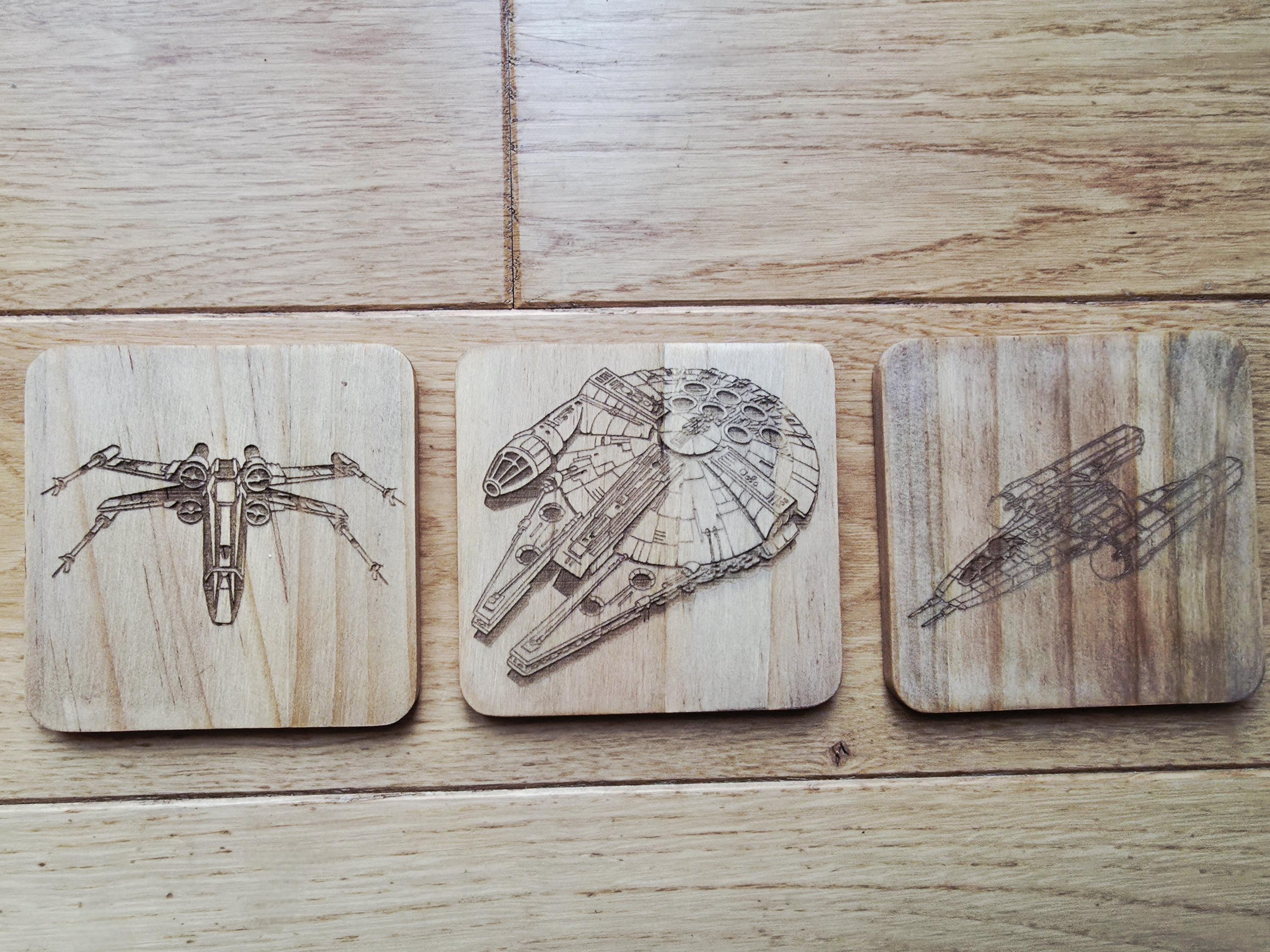 Star wars fan art wooden drinks coaster Millennium Falcon