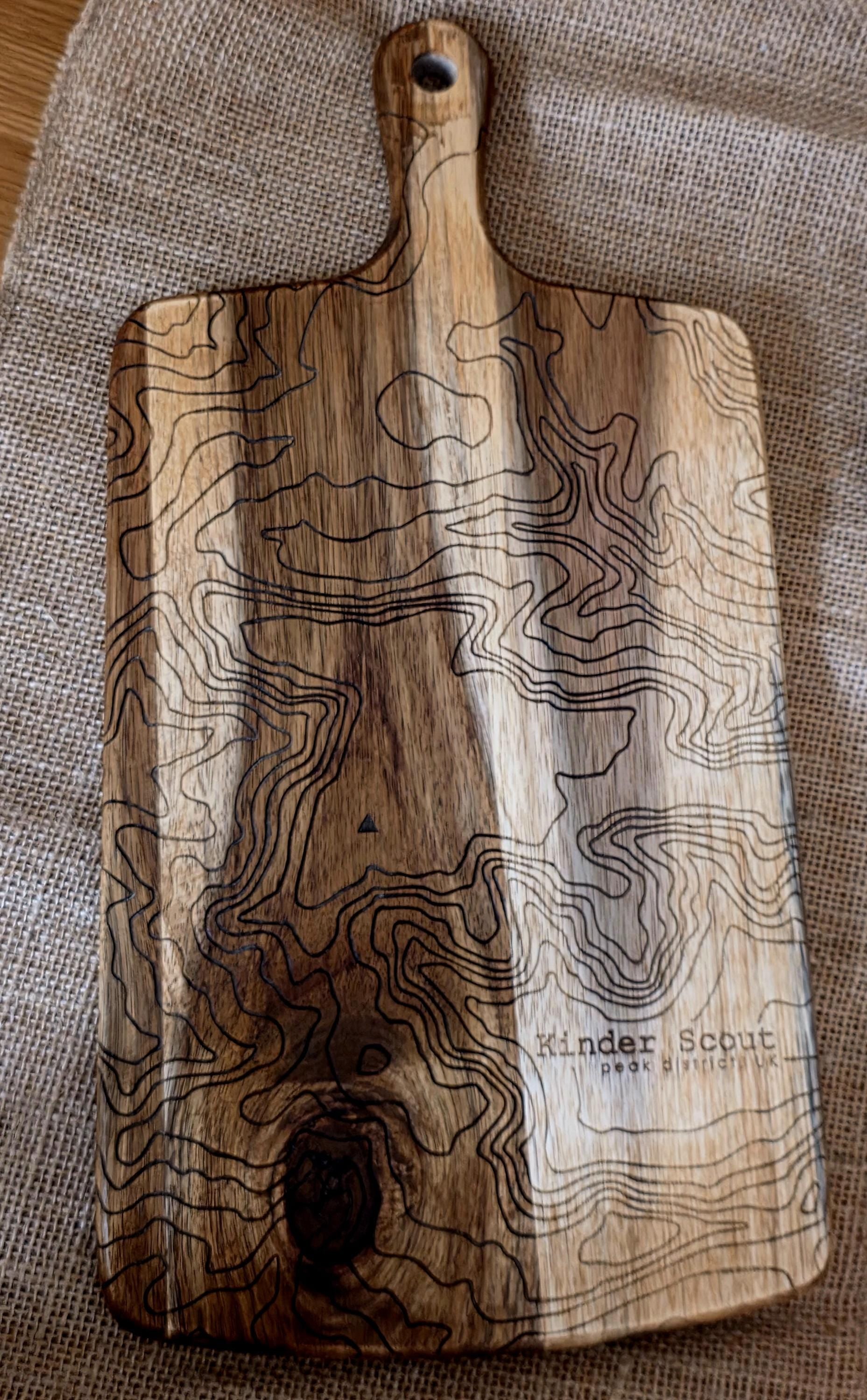 Contour map: Kinder Scout serving board- cheese charcuterie chopping board in acacia wood