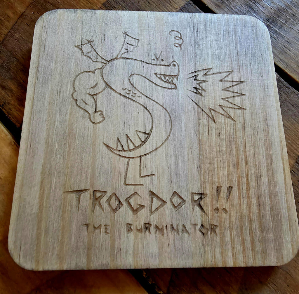 Homestar runner fan art wooden slate drinks coaster featuring Trogdor the burninator
