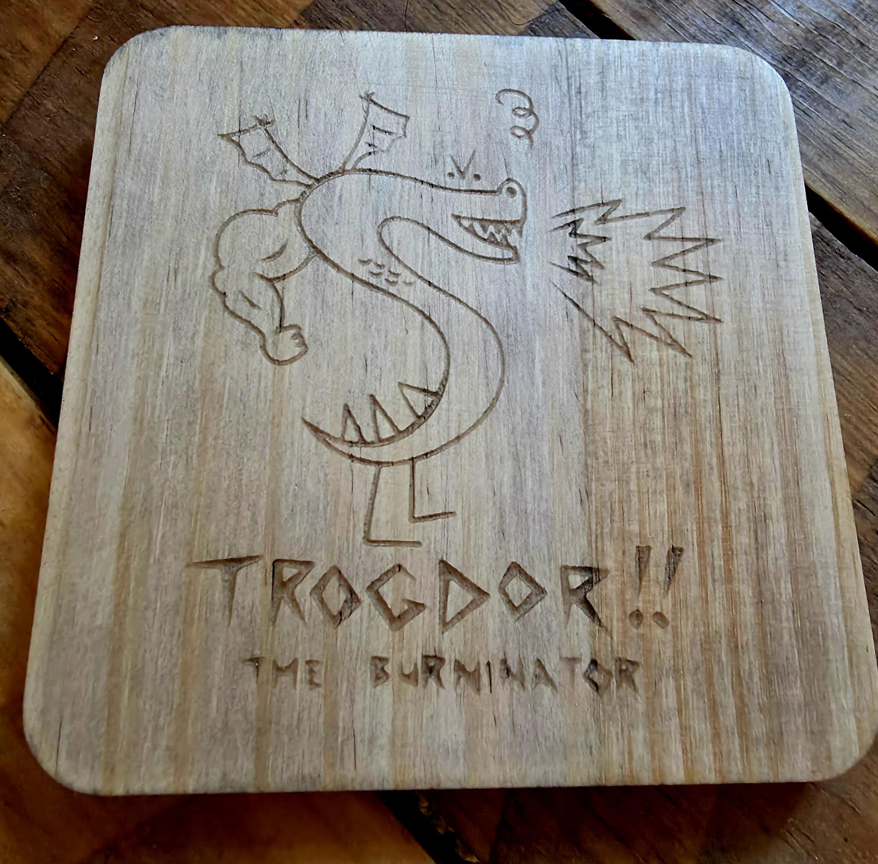 Homestar runner fan art wooden slate drinks coaster featuring Trogdor the burninator