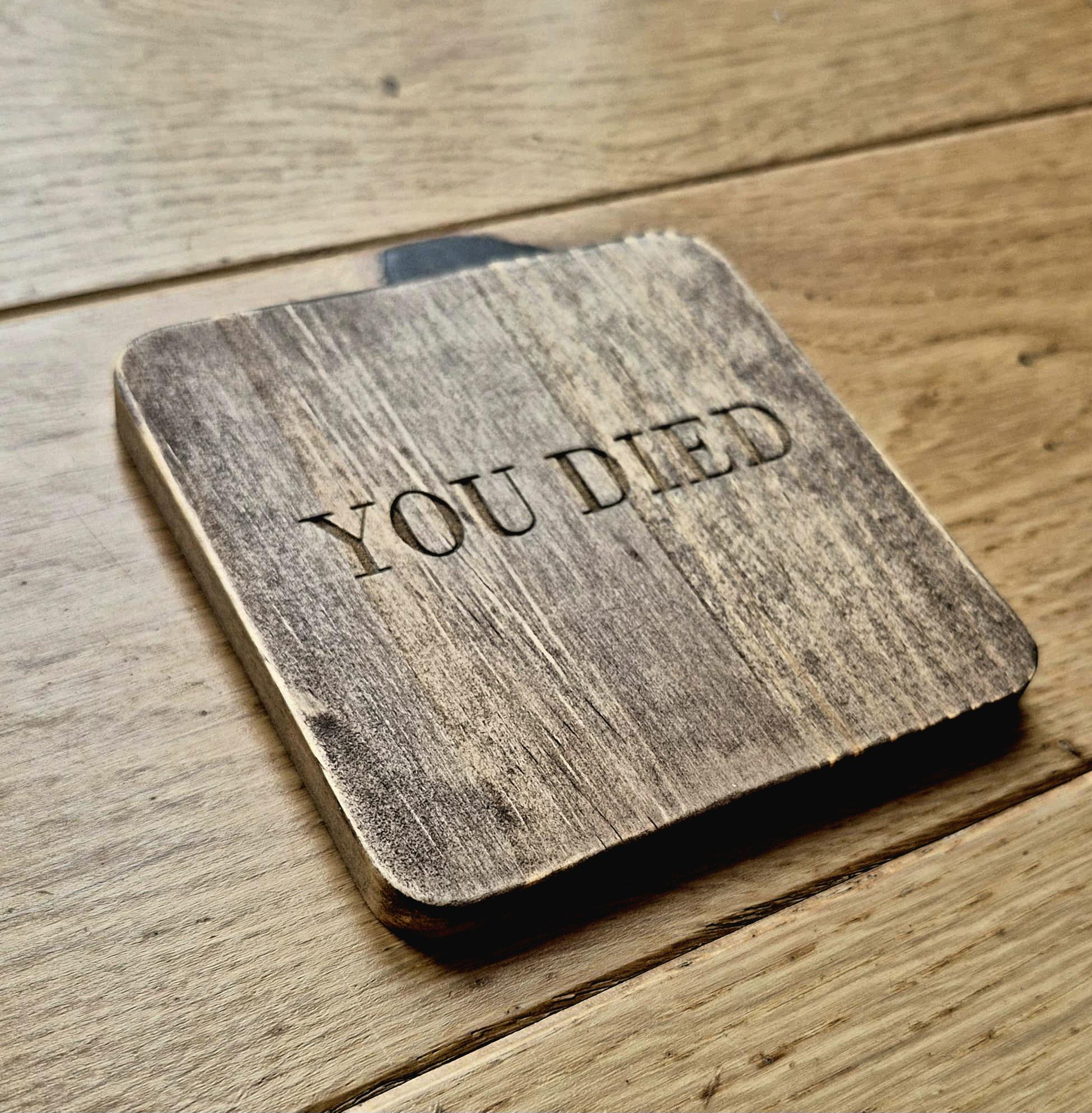 Bloodborne dark souls elden ring 'you died' fan art wooden drinks coaster