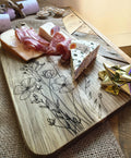 Botanical wildflowers cheese charcuterie chopping board in acacia wood